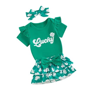 Baby Girl St Patrick Apranga Trumpomis rankovėmis Crewneck Lucky Letters Print Romper Dobilo sijonas Kūdikių vasaros kostiumas
