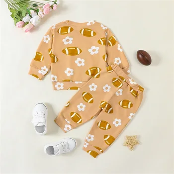 Baby Girls 2PCS Kelnių rinkiniai ilgomis rankovėmis Regbio atspaudas Marškinių sutraukiamų kelnių komplektai