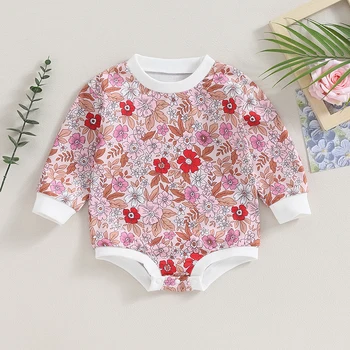 Baby Girls Romper ilgomis rankovėmis Crew Neck Flower Print Smėlinukų drabužiai Cual Daily