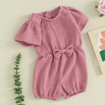 Baby Girls Rompers Vasariniai drabužiai Vienspalviai Peteliškės pūstos rankovės kombinezonai vaikiškiems drabužiams
