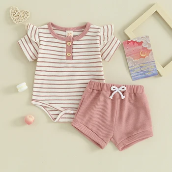 Baby Girls šortų komplektas trumpomis rankovėmis dryžuotas romperis su elastiniais juosmens šortais 2 dalių apranga mažyliams