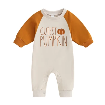 Baby Halloween Romper Fall Long Sleeve Round Neck Pumpkin Letter Print Jumpsuit Fashion Naujagimių drabužiai