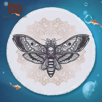 BeddingOutlet Death Moth with Skull Round Beach Towel for Adult Black White Boho Microfiber Bath Towel Butterfly Gothic Yoga Mat