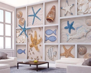 Beibehang 3D tapetai Jūrų žvaigždė Smėlis Žuvis Conch Grid 3d Viduržemio jūros televizorius Fonas Siena Svetainė Miegamasis Freskos tapetas 3 d