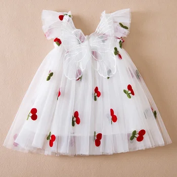 Berankovė miela vasarinė suknelė mergaitėms raukiniai Tiulis Laisvalaikio drabužiai vaikams Vyšnių atspaudas Vasaros gimtadienis Princesės suknelės kūdikiams