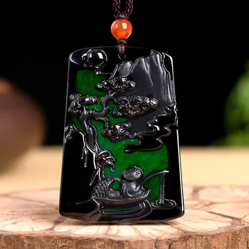 Birmos nefrito peizažas pakabukas prabangus juodas natūralus papuošalas raižyti dizaineriai Charms amuletai Karoliai Mados smaragdas Jadeitas