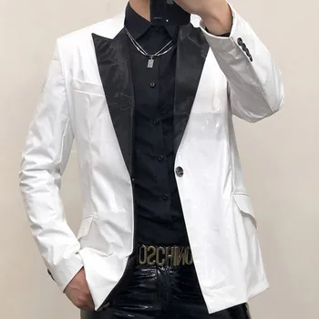 Black Collision Shinny Mirror Pure White Bright Leather Suit Men's Slim Gluding Single Button Bankquet Stage Performance Dress