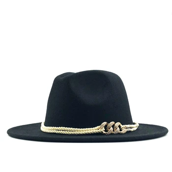 Black Wool Felt Jazz Fedora Hats Belt Buckle Decor Women Unisex Wide Brim Panama Trilby Cowboy Cap Sunhat