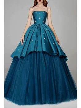 Blue Ball Gown Vakarinė suknelė Moterys Elegantiška oficiali proga Spagečiai be petnešėlių Krištolinis Satinas Pleat فساتين سهره فاخره 2023