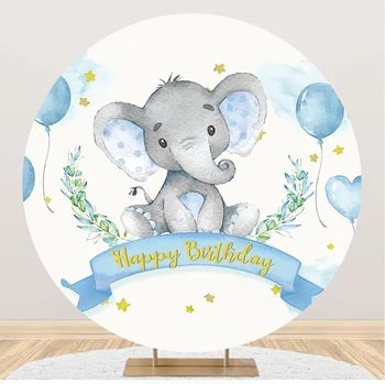 Blue Elephant Happy Birthday Party Naujagimio kūdikio portretas Apvalus apskritimas Fono fotografija Pritaikytas fonas Fotozonas