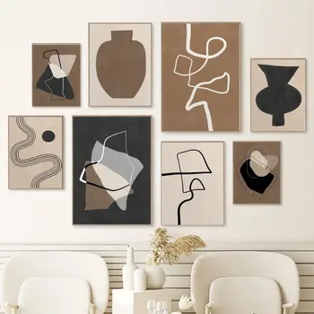 Boho Abstrakčios sienos meno linijos piešimo plakatas Smėlio spalvos juodas toninis galerijos sienų tapyba Neutralus minimalistinis kambarys Dekoras Drobė Paveikslėlis