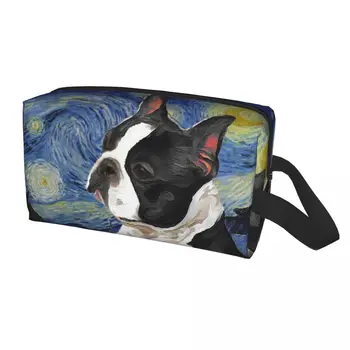 Bostono terjeras Art Van Gogh Žvaigždėta naktis Kelionės Tualeto reikmenų krepšys Šuniukas Šuo Menas Gyvūnų makiažas Kosmetikos krepšys Grožio saugykla Dopp rinkinys