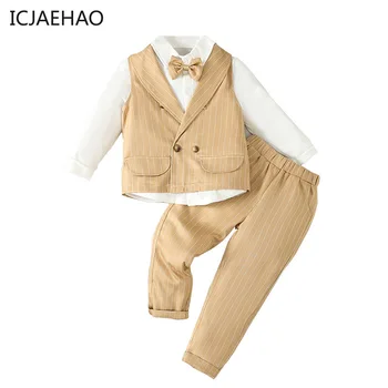Boys Gentleman British Style Liemenė 3PCS Suit First Bankquet Spring Cothings Matching Vest Top Pants Newinfants Baby Children's Sets