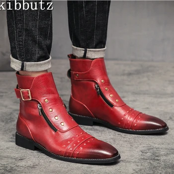 Buckle Strap Fashion Men PU odiniai batai Smailus pirštas Užtrauktukas Kniedė Chelsea batai Pavasario ruduo Britų stilingi trumpi batai