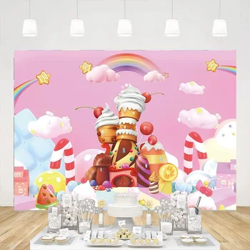 Candyland Lollipop Fonas Rožinis animacinis filmas Vaivorykštė Vaikas Pilies mergaitė Ledinė Gimtadienis Kūdikių dušas Vakarėlis Foto fono dekoravimas