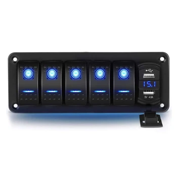 Car RV valtis 5 Gang Switch Panel Dual USB Blue Lighting RV ATV Trailer IP65 Switch Button Control Digital Display with Voltage