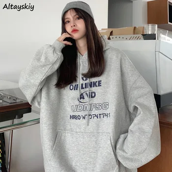 Casual Hoodies Women Autumn Warm Loose Front Pocket Simple Basic Sweated Hoods Female Retro Letter Printed Streetwear Chic