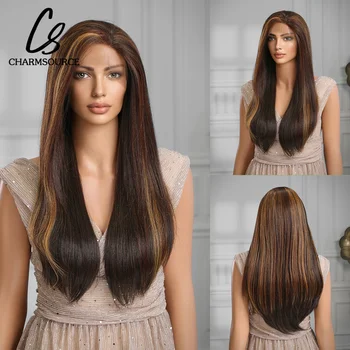 CharmSource nėrinių priekinis perukas ilgas tiesus rudas akcentas blondinės perukai šoninė dalis moterys Daily Party Cosplay vestuvės didelis tankis
