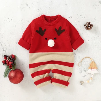 Christmas Baby Romper Mezgė naujagimius mergaites Berniukai Kombinezonas ilgomis rankovėmis Žieminis mažylis Kūdikių drabužėliai Mieli 3D Briedžiai Kalėdos 0-18M kombinezonai
