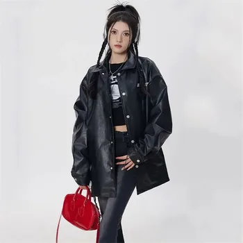 Coat Female Spring and Autumn New Retro Solid Color PU Leather Jacket Lapel Singleed Loose Simple Women's Clothing ZM417