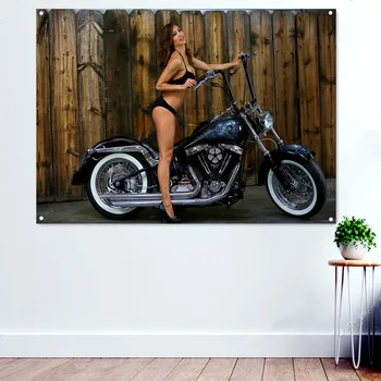 Crazy Hot Motorcycle Girl Plakatas Namų dekoras Reklamjuostė Siena Kabanti vėliava Drobė Tapyba Sieninė schema miegamojo svetainei Bendrabutis