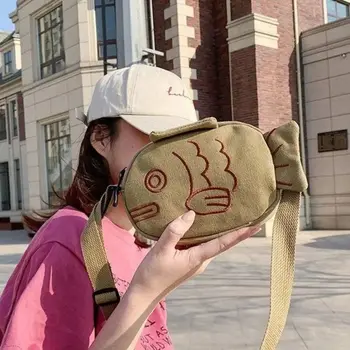 Creative Canvas Messenger Bag Cute Portable Crossbody Bag Cartoon with Shoulder Strap Embroidery Fish Shape Bag