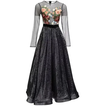 Dizaineris 2023 Vasaros mada ilgomis rankovėmis Polka Dot gėlių siuvinėjimo vakarėlio suknelė Black Lady Luxury Glitter Sequin Vestidos