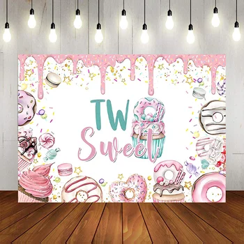 Du saldūs teminiai fonai Rožinė spurga Gimtadienio vakarėlio dekoravimas Spalvingas saldainių tortas Reklamjuostė Desertinis fonas