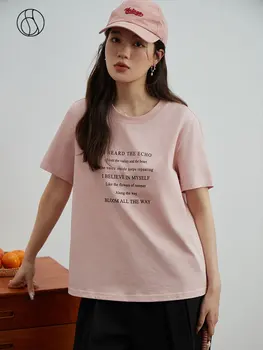 DUSHU Moterų laiškų spausdinimo dizainas Marškinėliai priekyje per petį 100% medvilnė Rožinė Paprastas laisvas Moteriškas trikotažas Priemiestinis trikotažas Apvalus kaklas