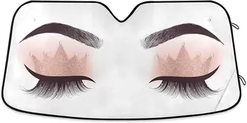 Dussdil Crown Woman Eye Car Front Shield Sun Shades Pink Lashes Eyebrow Sunshade Window Visor Cover Reflective UV Rays Protector K