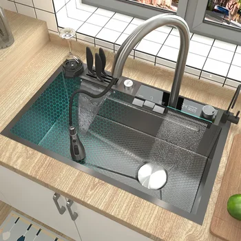 Dviguba krioklio kriauklė Nerūdijančio plieno virtuvės kriauklė skaitmeninis ekranas Reljefinis vieno lizdo daugiafunkcinis skalbimo baseinas virtuvei