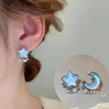 Ear Stud Blue Star Moon auskaras Cirkonas Fashion Design Mini Stud auskarai Korėjietiškas shinning Pentagram Star Stud auskarų dekoravimas