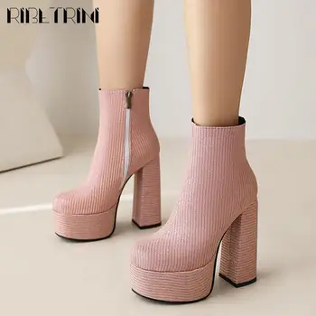 Elegant Office Lady Women Ankle Boots Zipper High Heeled Round Toe Platform Batai Mada Sexy Luxury Trendy Design Brand Batai