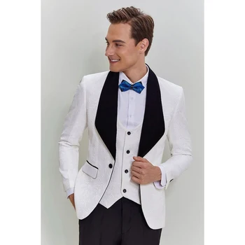 Elegantiškas žakardo skara Vieno mygtuko kostiumai vyrams Fashion Prom Party Oficialus vestuvių jaunikis Smokingas 3 dalys (švarkas+liemenė+kelnės)