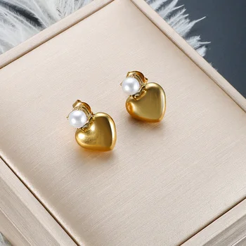 Elegantiški prabangūs persikų širdies perlų smeigės auskarai moterims Mergaitės nerūdijančio plieno vandeniui atsparus paauksuotas antialerginis papuošalas