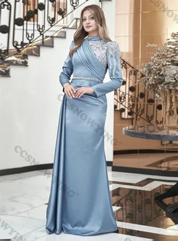 Elegantiškos aplikacijos Karoliukais puoštos musulmoniškos vakarinės suknelės ilgomis rankovėmis Islamo formalaus vakarėlio chalatai Moterys aukštu kaklu Arabiški chalatai De Soirée