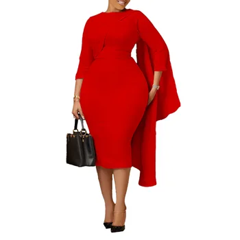 Elegantiškos mados apsiausto rankovės suknelė ilgomis rankovėmis plonu pieštuku 2024 m. pavasario moteriška O-kaklo apykaklė Solid Office Lady Bodycon suknelės