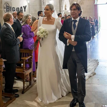 Elegantiškos undinės vestuvinės suknelės 2024 Moterys atvira nugara ilgomis rankovėmis kvadratinė apykaklė Satino nuotakos chalatai Šlavimo traukinys Vestidos de Noiva