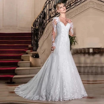 Elegantiškos undinės vestuvinės suknelės nuotakai ilgomis pūstomis rankovėmis V-Neck nuotakos chalatai 2023 Tiulio nėriniai Vintage Vestidos De Novia 2024