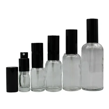 Empty Clear Glass Perfume Mist Spray Bottle Black Cap Cosmetic Daugkartinio užpildymo losjono siurblio buteliukai 5ml 10ml 15ml 15ml 20ml 30ml 50ml 100ML