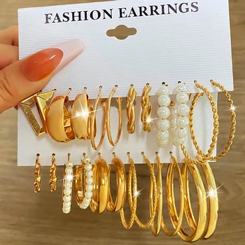 EN Aukso spalvos perlų lankų auskarų rinkinys Metaliniai kabantys auskarai Vintažinis apskritimas Geometrinis posūkis moterims Merginoms Madingos papuošalų dovanos