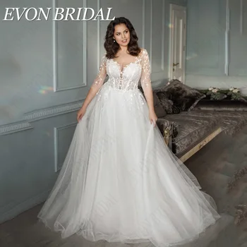EVON BRIDAL Civil Plus Size vestuvinės suknelės moteriai 3/4 rankovės Nuotakos chalatai Moderni aplikacija A-Line Illusion vestidos de novia