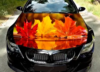 Fall Orange Leaves Automobilio gaubtas Vinilo lipdukas Apvyniokite variklio dangtelį Lipduko lipdukas Visos spalvos grafika tinka bet kuriai automobilio apsauginei plėvelei