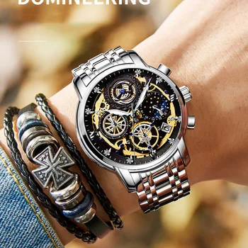 Fashion Brand Vyriškas verslo kvarcinis laikrodis Vandeniui atsparus sportinis šviečiantis chronografas Nerūdijančio plieno dirželis Skeleto rankinis laikrodis