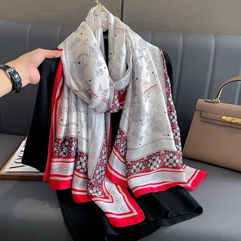 Fashion Design Satin Finish Luxury Brand Lrage Silk Scarf Women Popular Print Warm Hijab The Four Seasons 180X90CM Šalikai