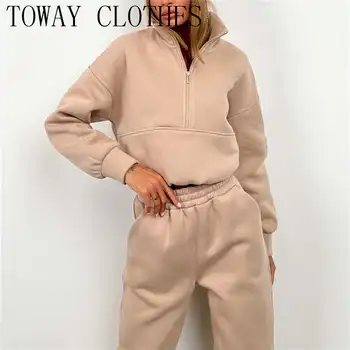 Fashion Half-Zipper Two-Piece Women High Collar Loose Simple Sets Autumn Winter Pullovers And Sweatshirt Pants Solid Color Sets