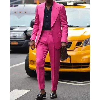 Fashion Hot Pink Vyriški kostiumai Vestuviniai Terno drabužiai Viengubas krūtinės smailus atlapas Dvigubos kišenės 2 dalių švarko kelnės Slim Fit