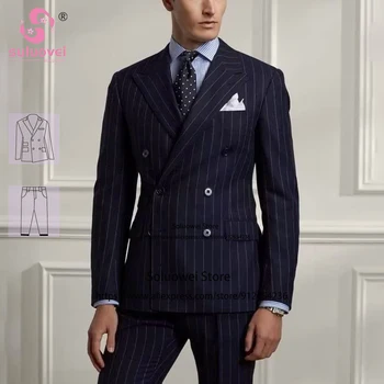 Fashion Pinstripe kostiumai vyrams Slim Fit 2 dalių kelnių komplektas Oficialūs jaunikiai Vestuvės 2CM platus dryžuotas dvivietis smokingas Blazer