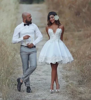 Fashion Short Wedding Dress Knee-Length Nėrinių aplikacijos be petnešėlių nuotakos chalatai A-Line Stain Vestido De Novia فستان حفلات الزفاف