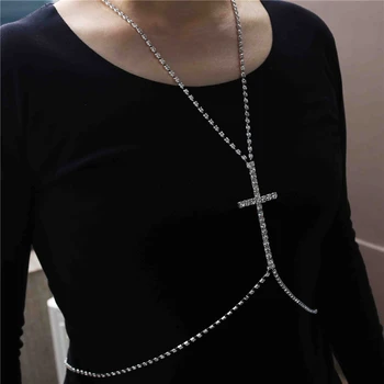 Fashion Simple Rhinestone Chest Necklace for Women Sexy Crossover Crystal Bikini Waist Chain Body Jewelry Accessories